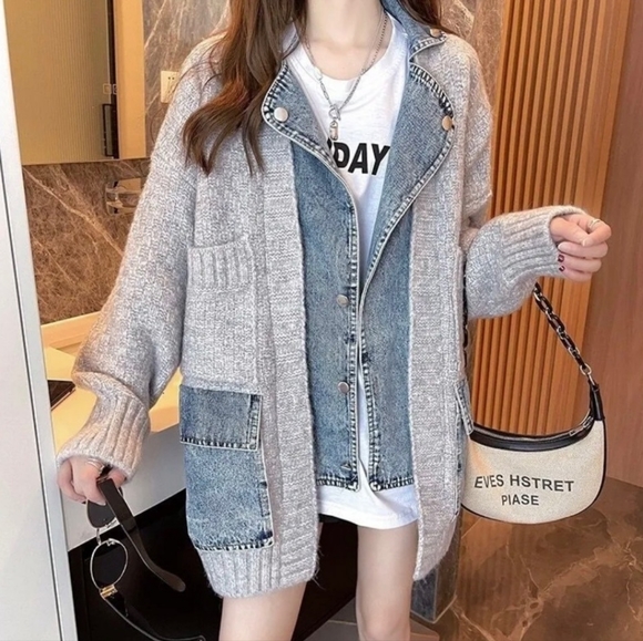 Sweaters - Denim stitched cardigan